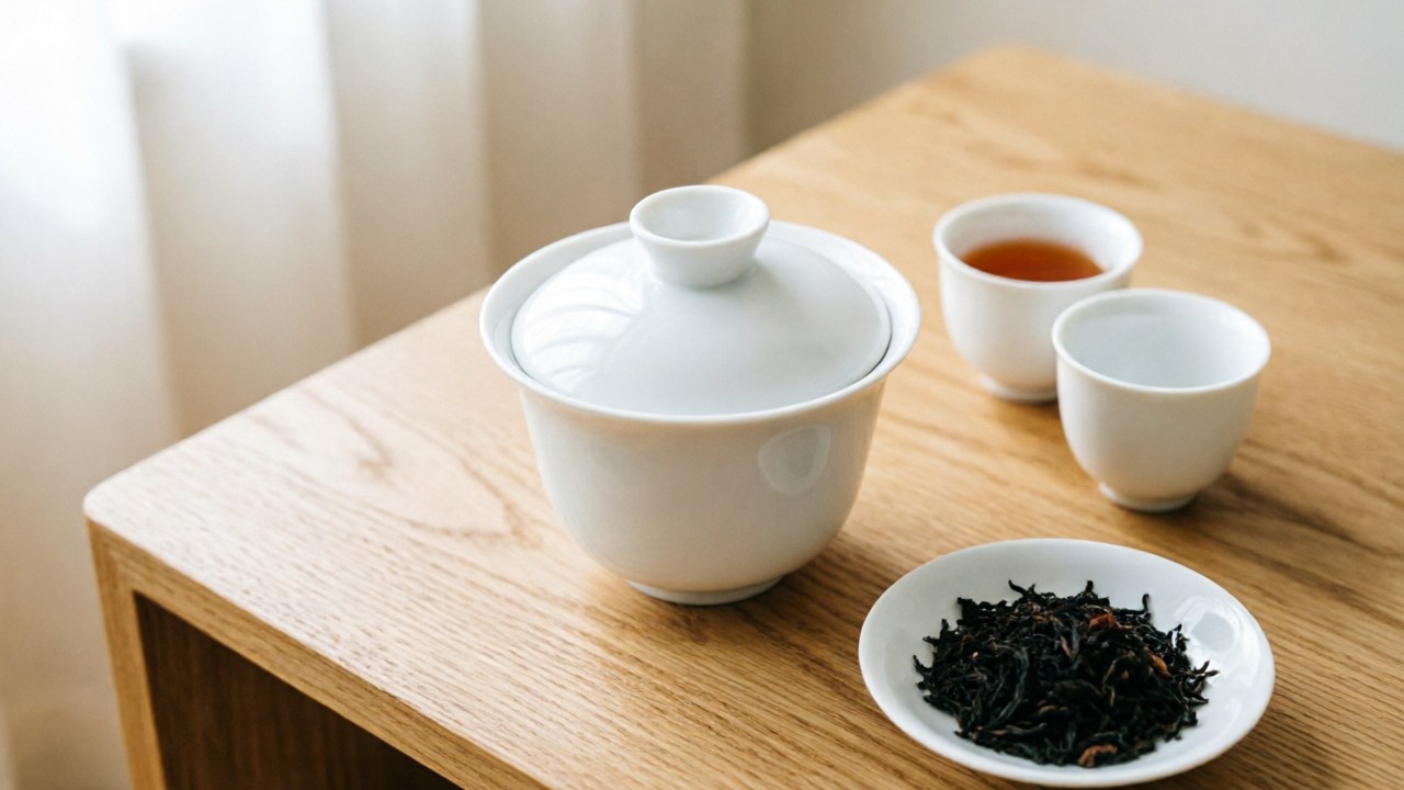 Porcelain gaiwan with black tea leaves and amber liquor, small cups alongside