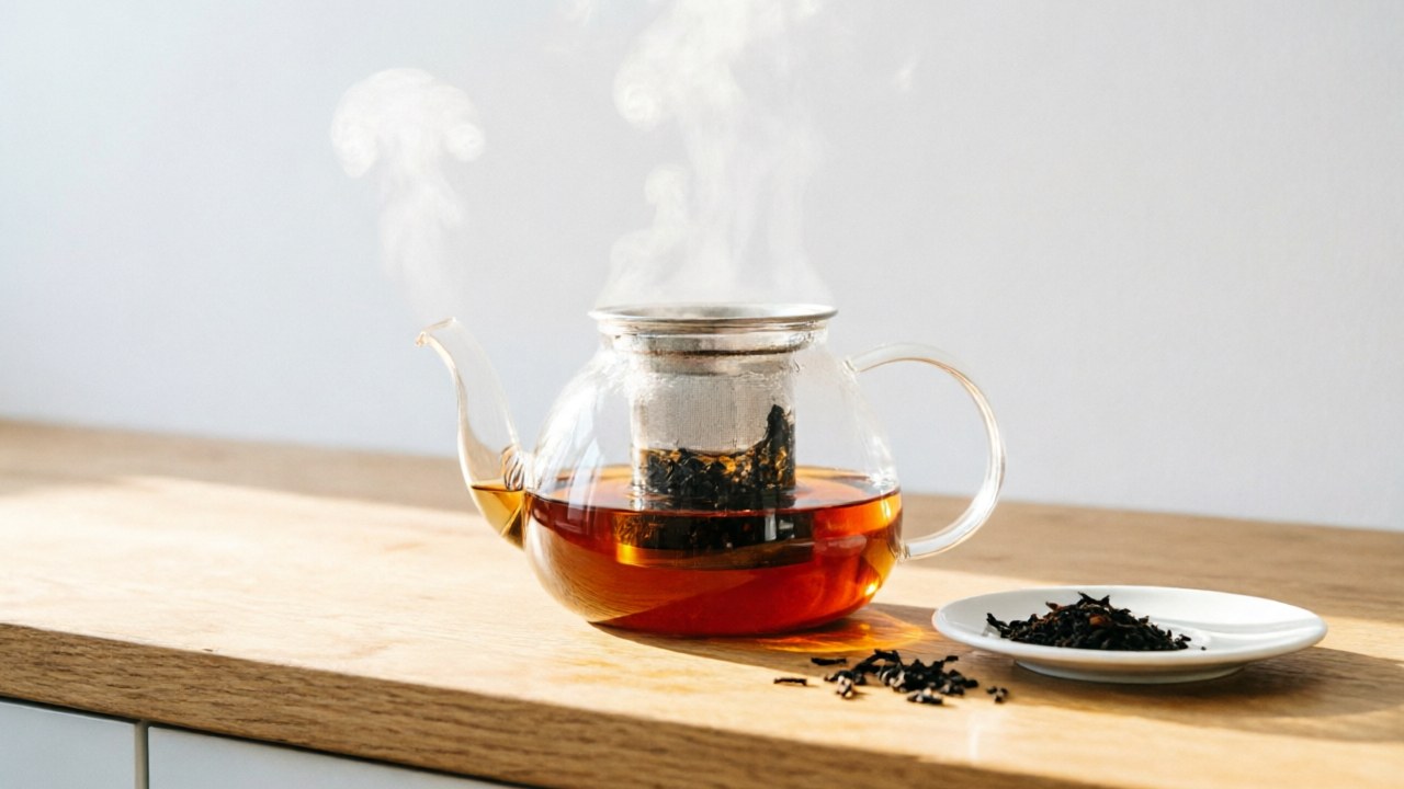 Glass teapot with black tea brewing, showing amber color development