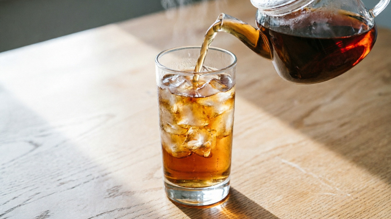 Pouring cold brew tea from a Hario Mizudashi carafe into a glass with ice