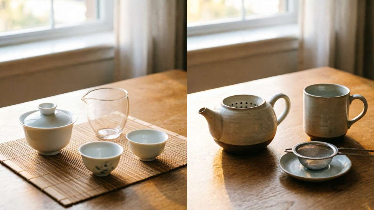 Two tea setups photographed side by side: a small gongfu tray with gaiwan on the left, a larger western teapot and mug on the right