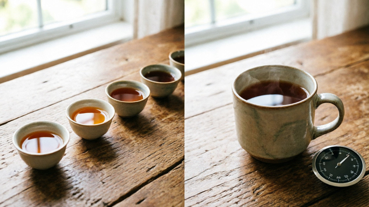 Two cups of brewed tea with a wall thermometer in the background, photographed on a warm wood surface