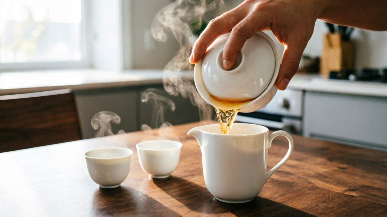Pouring oolong tea from a porcelain gaiwan into a fairness pitcher