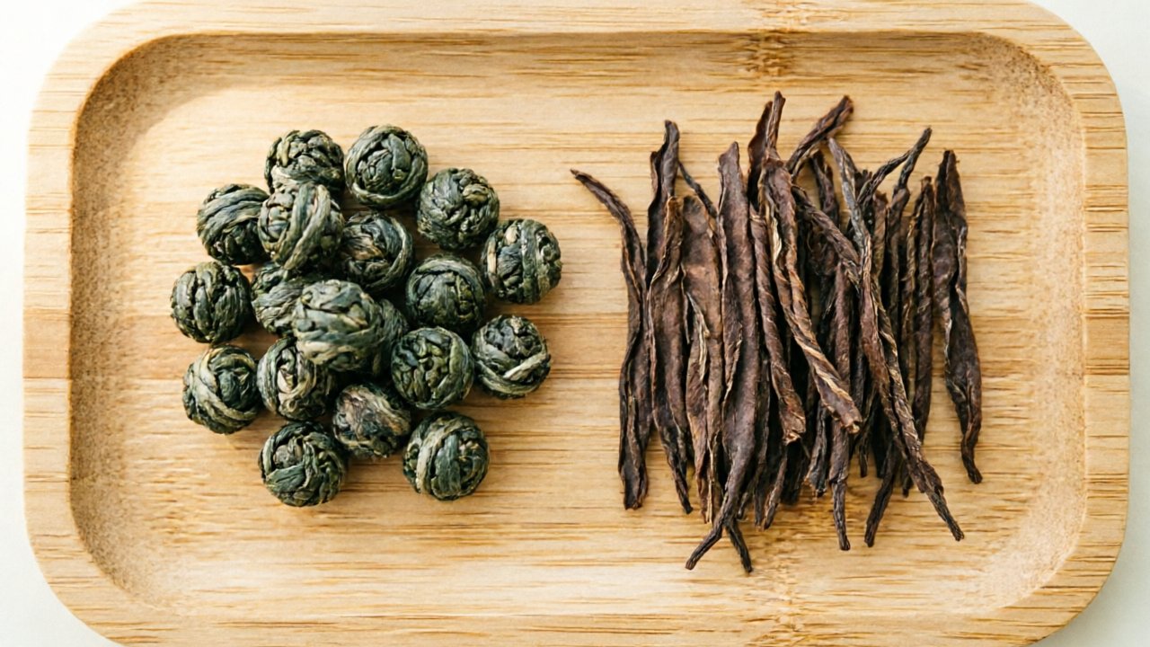 Rolled pellet oolong leaves vs twisted strip oolong leaves on a bamboo tray