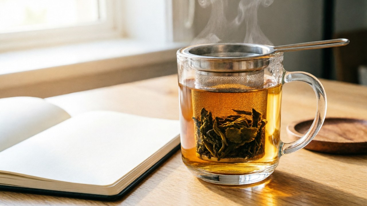 Western-style oolong brewing in a glass mug with infuser basket
