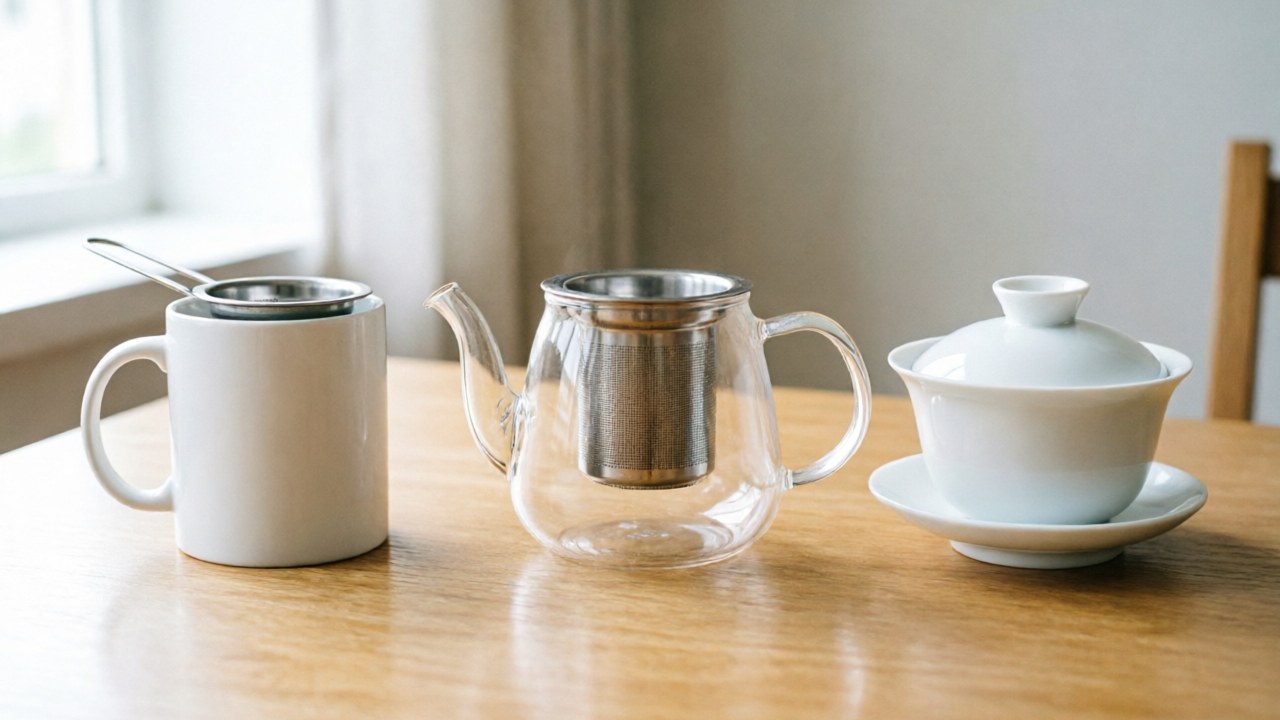 Three first-cup tea vessels: mug basket, glass pot, simple gaiwan