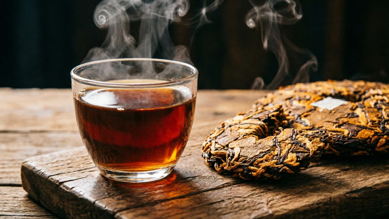 Dark amber aged white tea in clear glass, rich Lao Bai Cha liquor