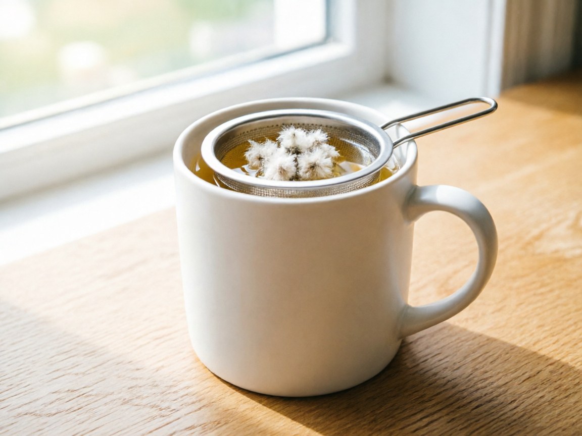 Mug with steel infuser basket brewing pale golden white tea on oak desk