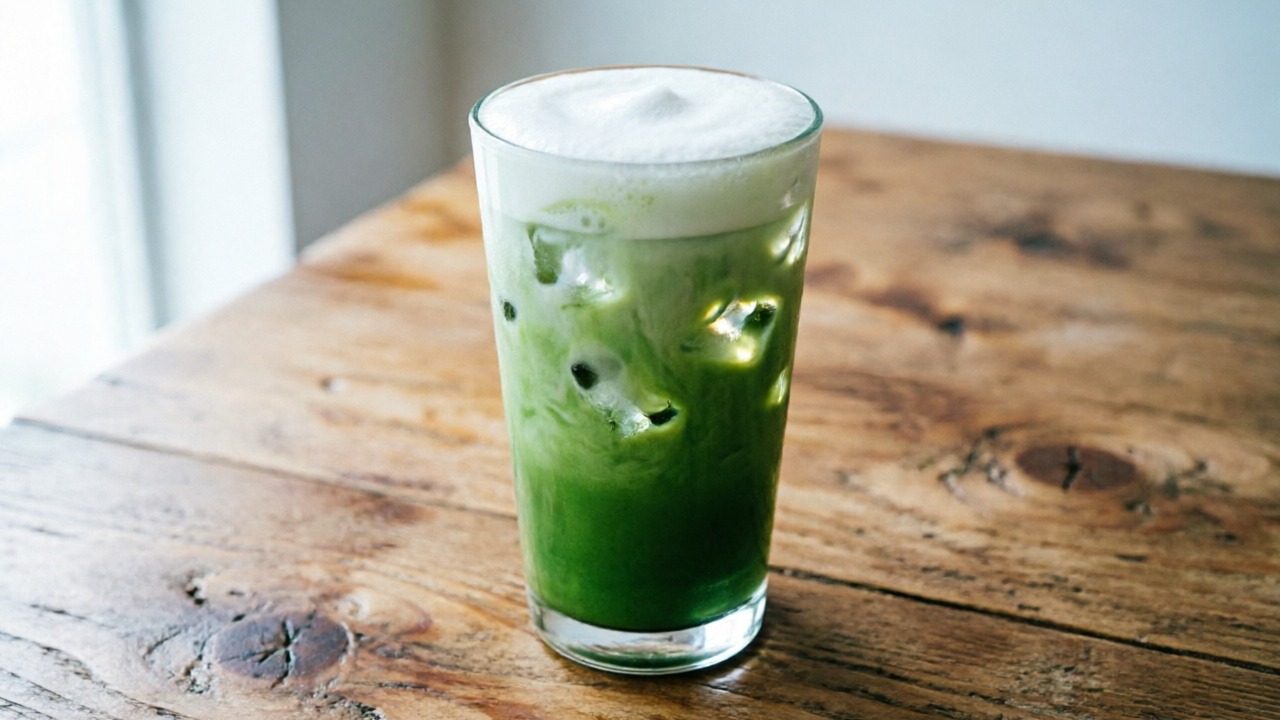 Iced matcha latte with foam top and green layer in tall glass