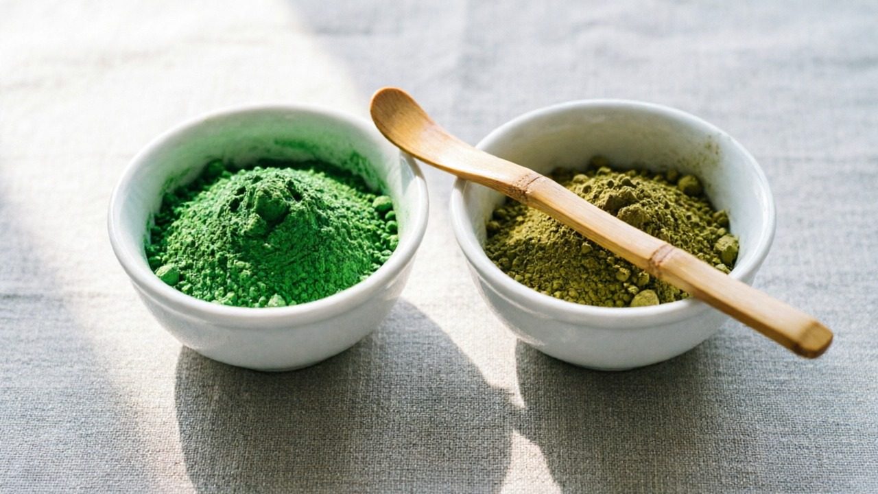 Ceremonial vs culinary matcha powder comparison in ceramic bowls