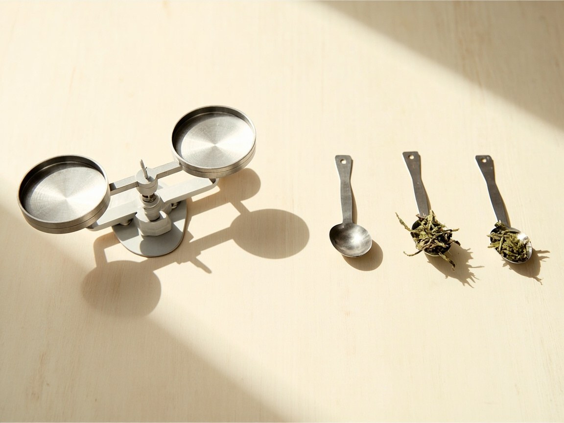 Scale, spoons, green tea, oolong, and white tea showing density