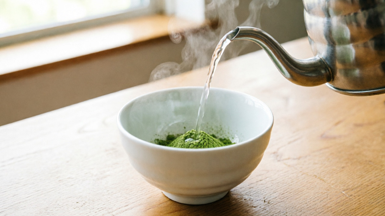 80 °C water being poured from a gooseneck kettle into sifted matcha