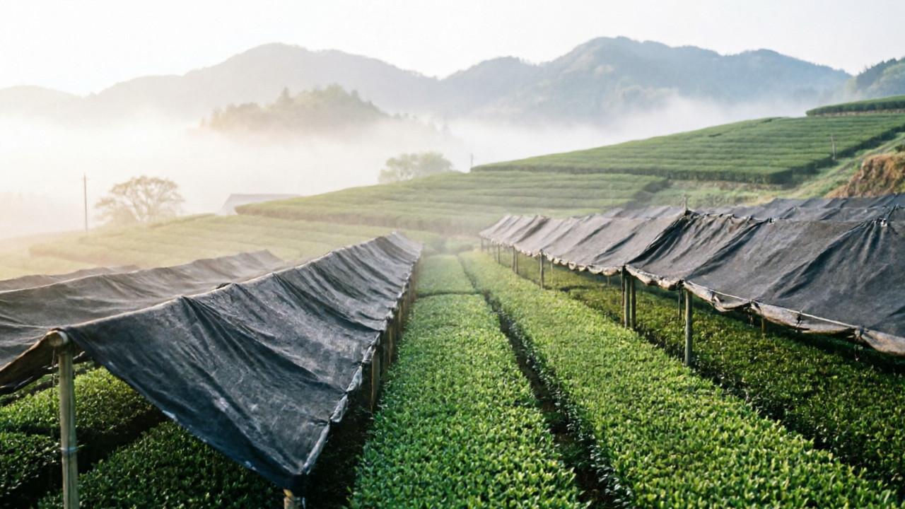 Tarp-covered tea rows in Uji two weeks before first harvest