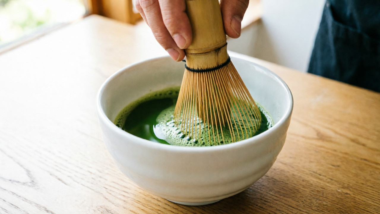 Bamboo chasen whisking matcha in a W-motion in a wide chawan