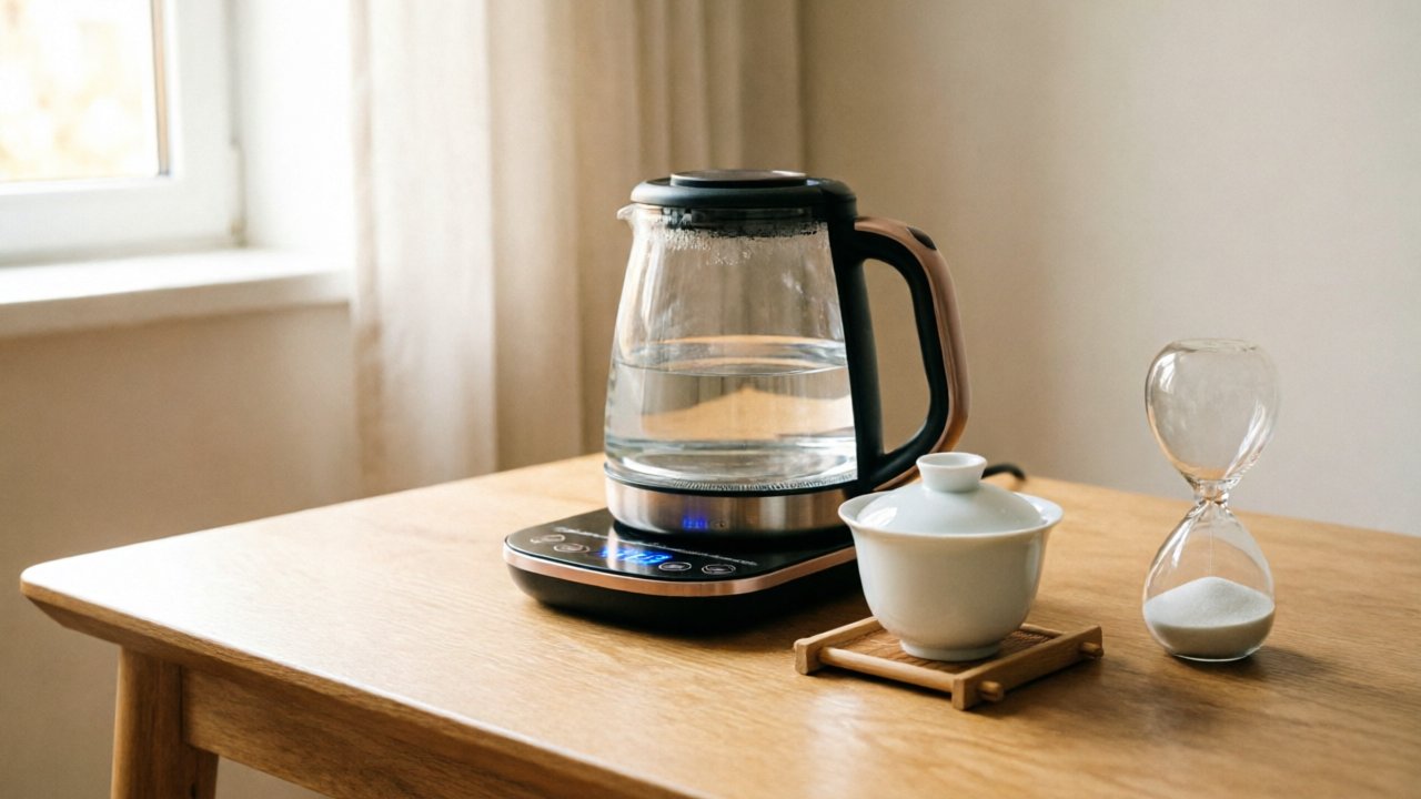 Kettle, gaiwan, and timer for desk focus brewing