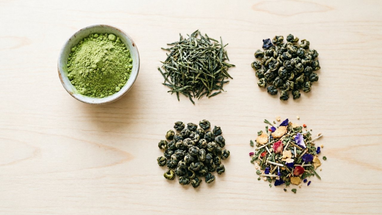 Five focus tea varieties arranged on a wooden surface