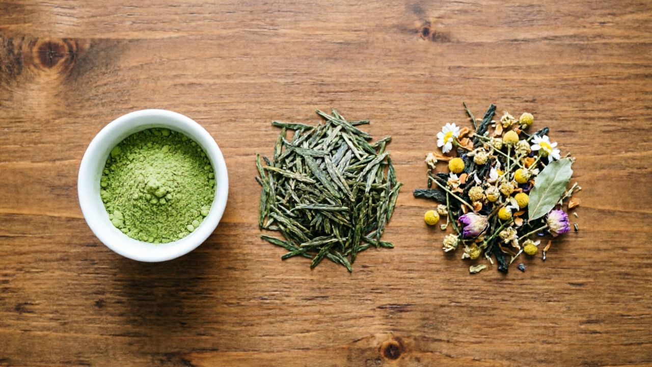 Three focus teas: matcha powder, green tea leaves, and herbal focus blend