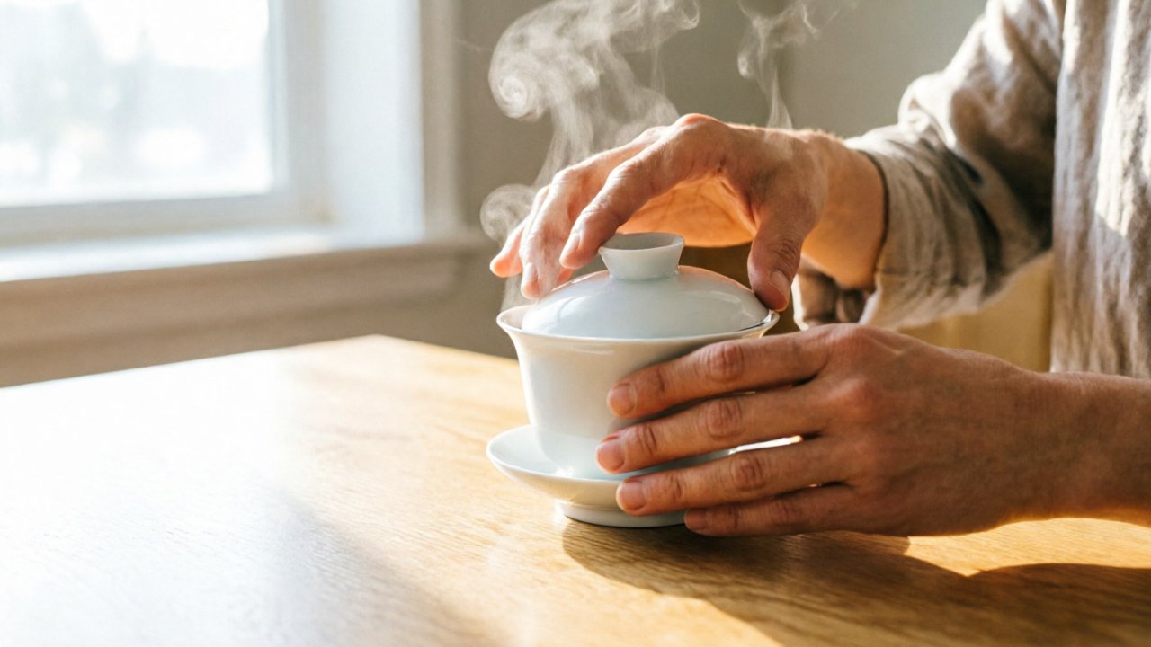 Hands pouring from a gaiwan with steam rising in warm light