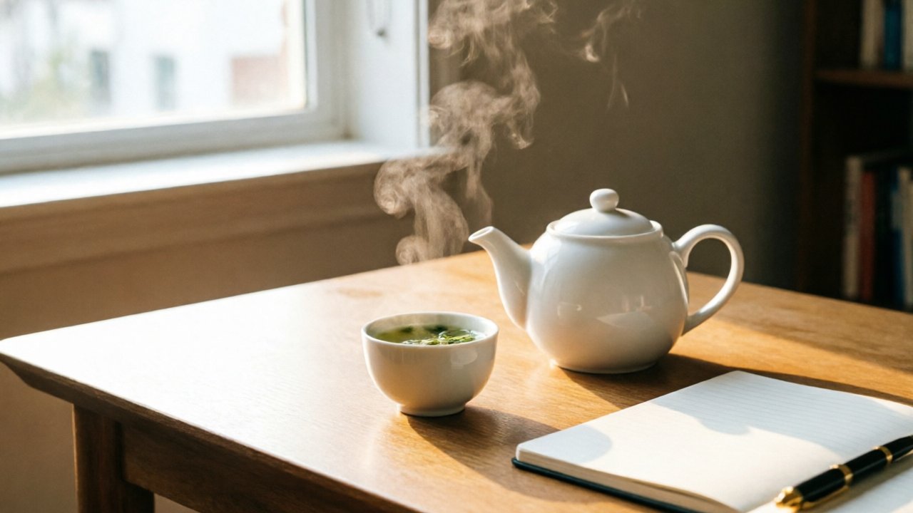 Teapot, tea bowl, and open notebook on a desk by a window