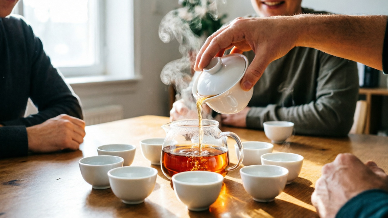 Gongfu tea session with friends pouring into a fairness pitcher