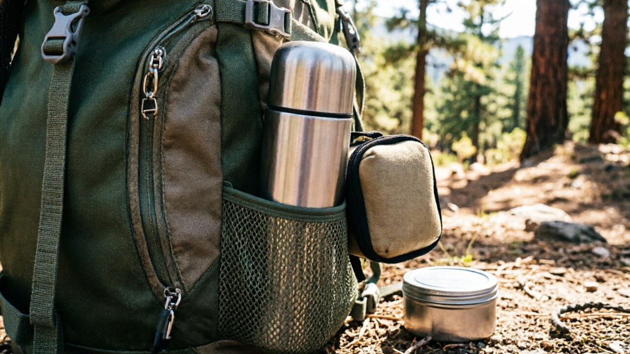 Packed tea kit in a backpack side pocket with trail behind