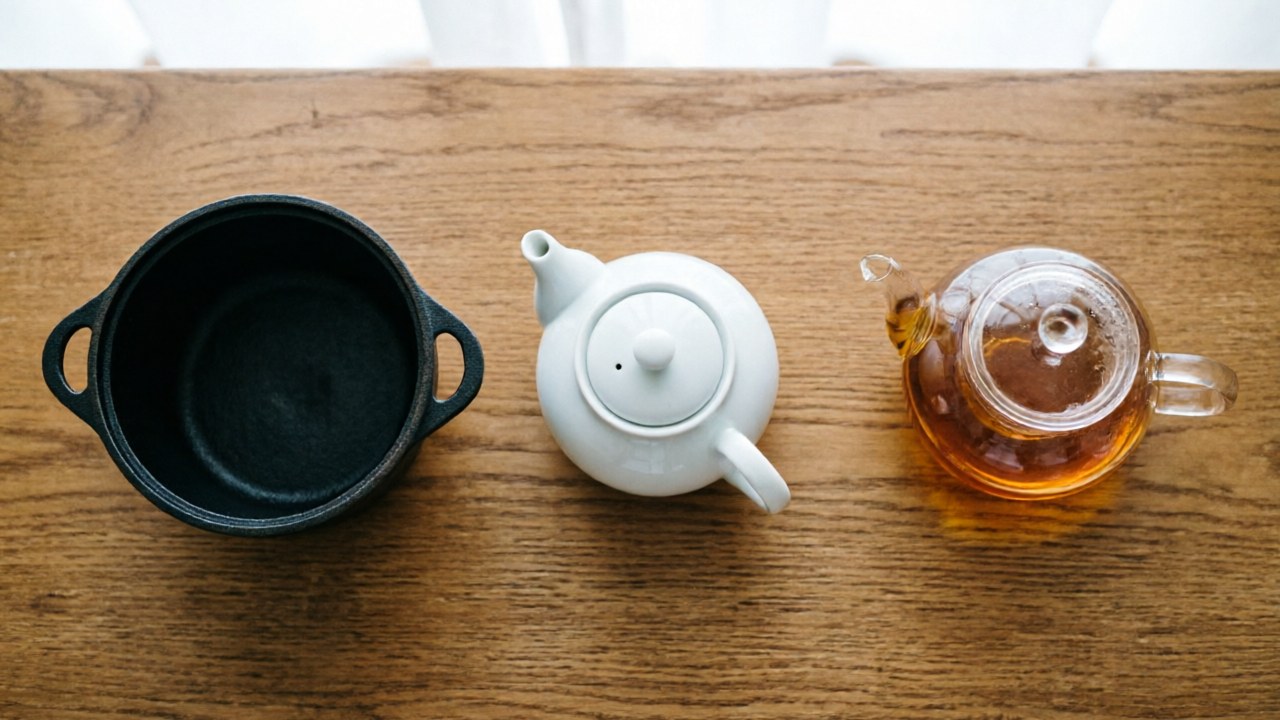Three teapots of varying materials photographed from above: dark cast iron on the left, pale porcelain in the middle, clear glass on the right