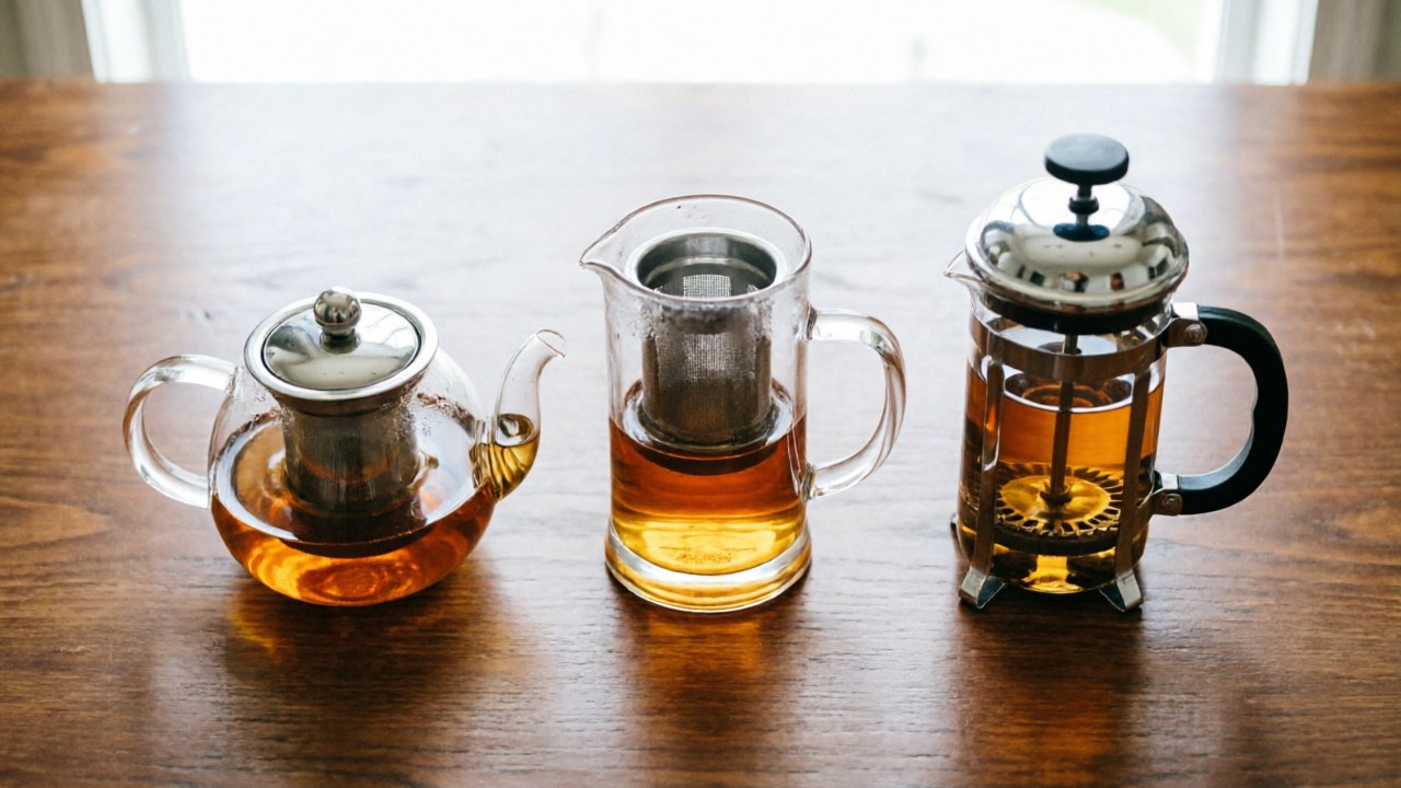 Three glass-and-clear brewing vessels photographed on a bright surface: a glass teapot on the left, a clear steeping mug in the middle, and a French press on the right