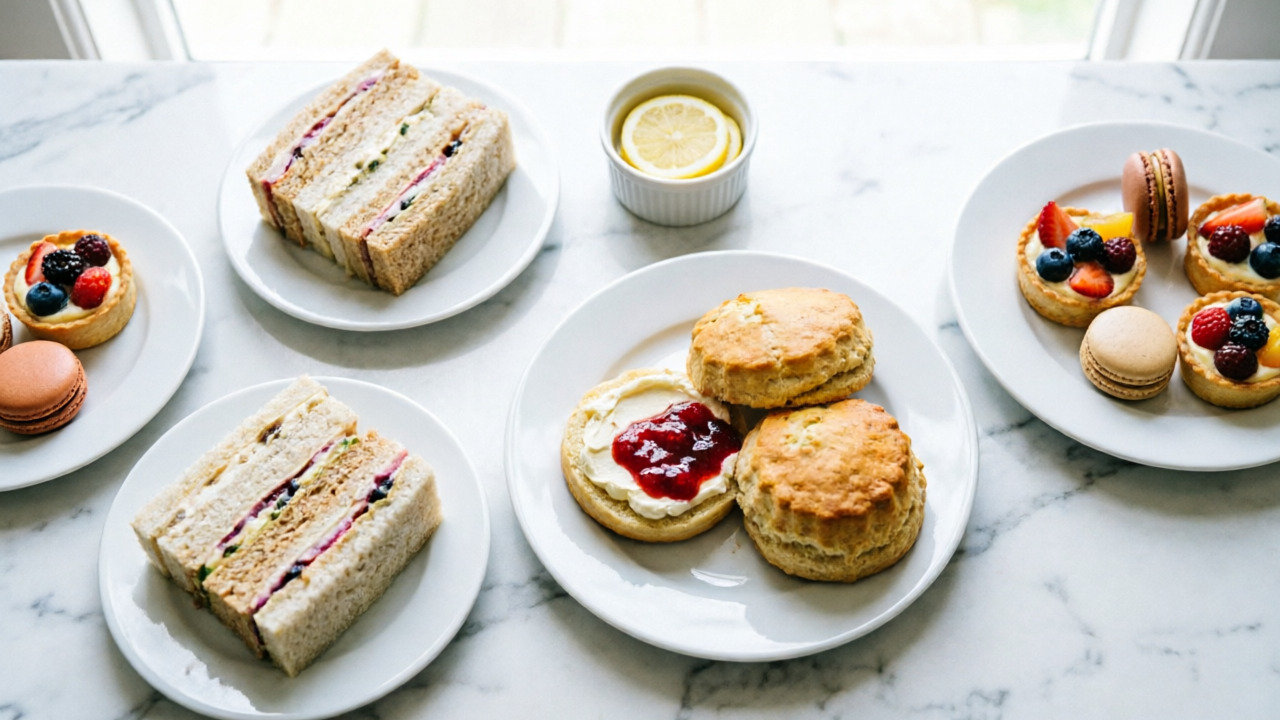 Finger sandwiches, scones with clotted cream, and petit fours for afternoon tea