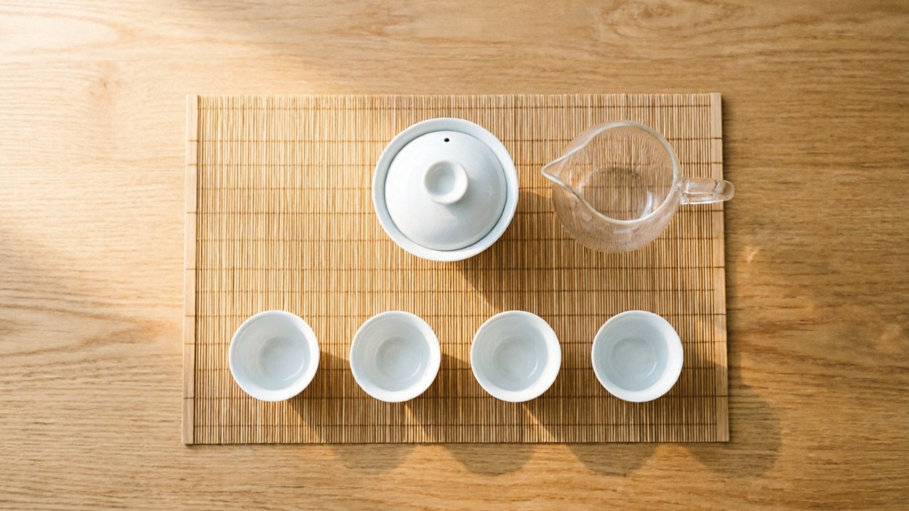 Gongfu tea setup with gaiwan, tasting cups, and wooden tea tray