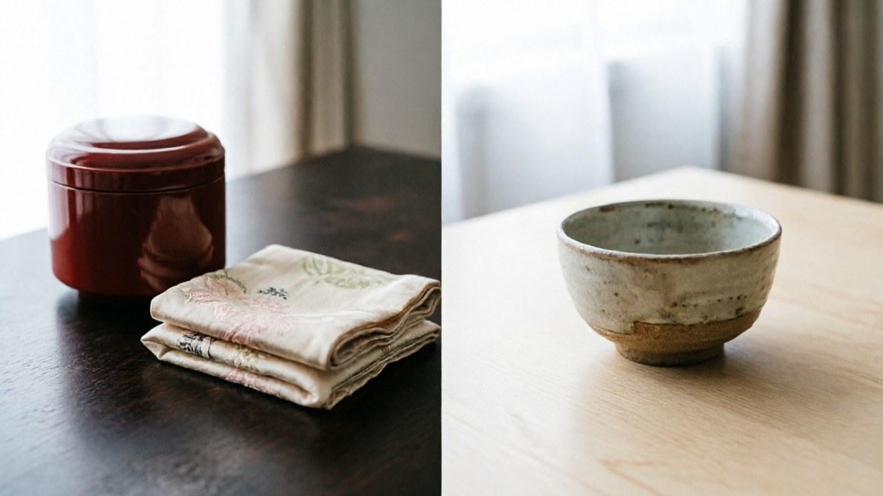 Chado system objects beside a home practice bowl