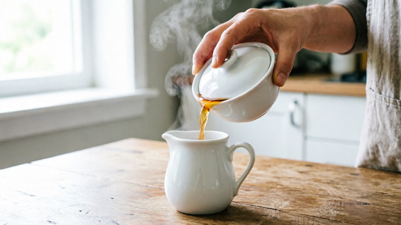 Decanting a short Gongfu steep from gaiwan into a fairness pitcher