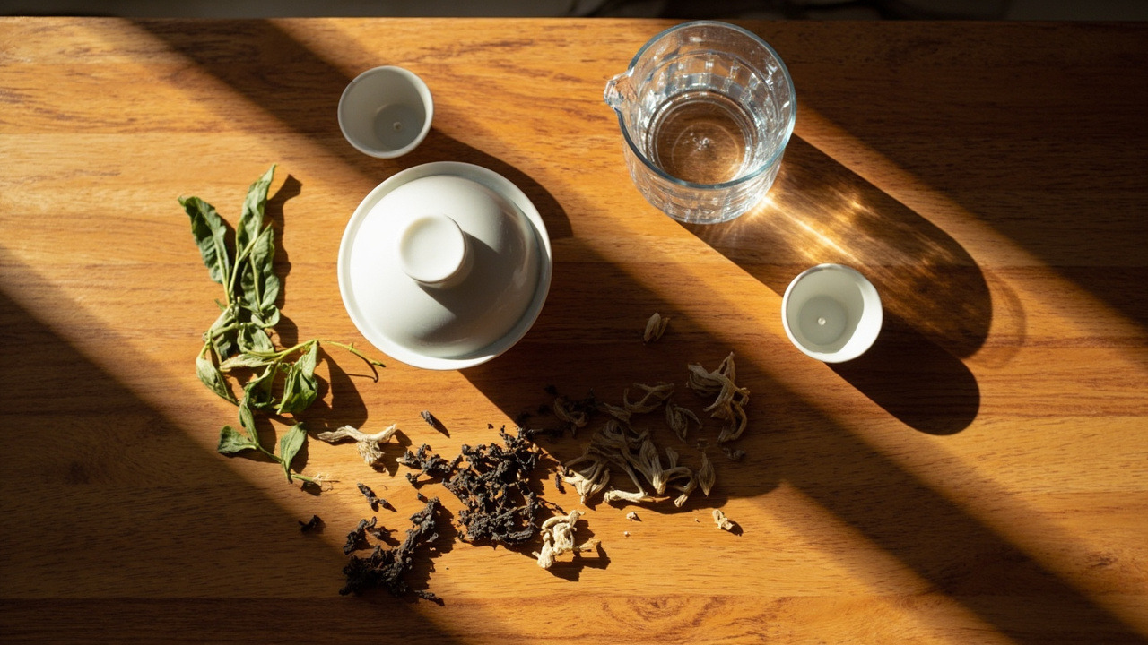 Beginner tea setup with gaiwan, pitcher, cups, and loose leaf tea
