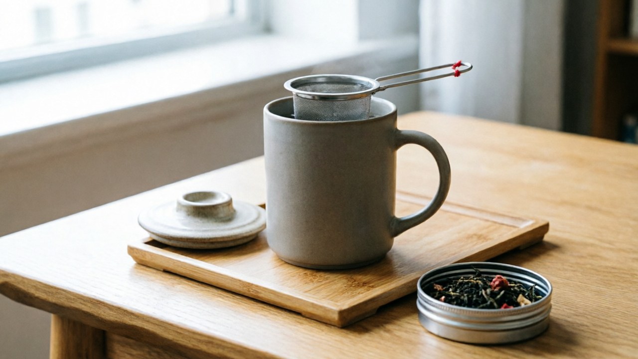 One-vessel tea pause: mug with infuser and lid on a small tray