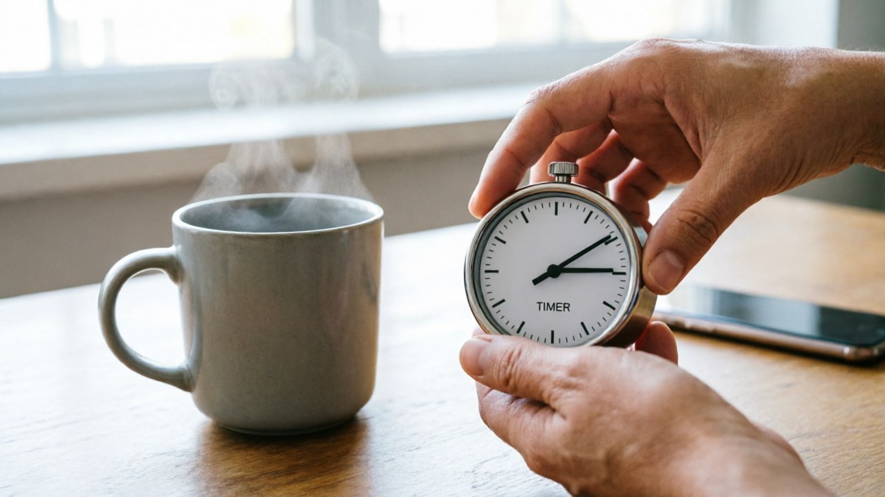 Setting a kitchen timer for a ten-minute tea pause beside a mug