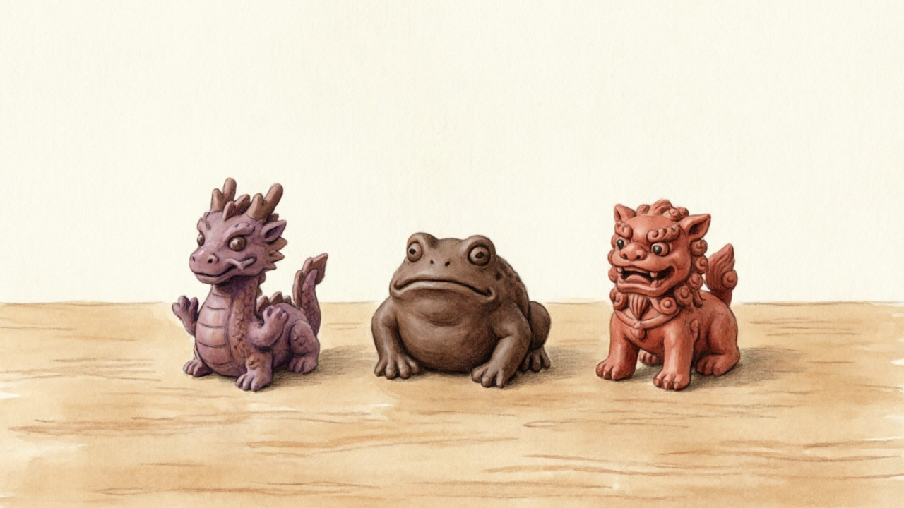 Traditional mythical tea pet figures including Pixiu and golden toad