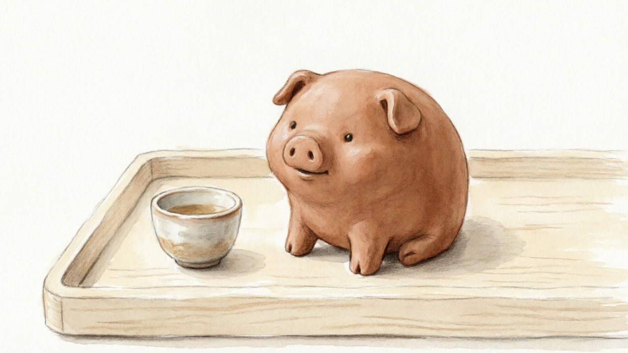 Tea pet on a Gongfu tea tray with teapot and cups