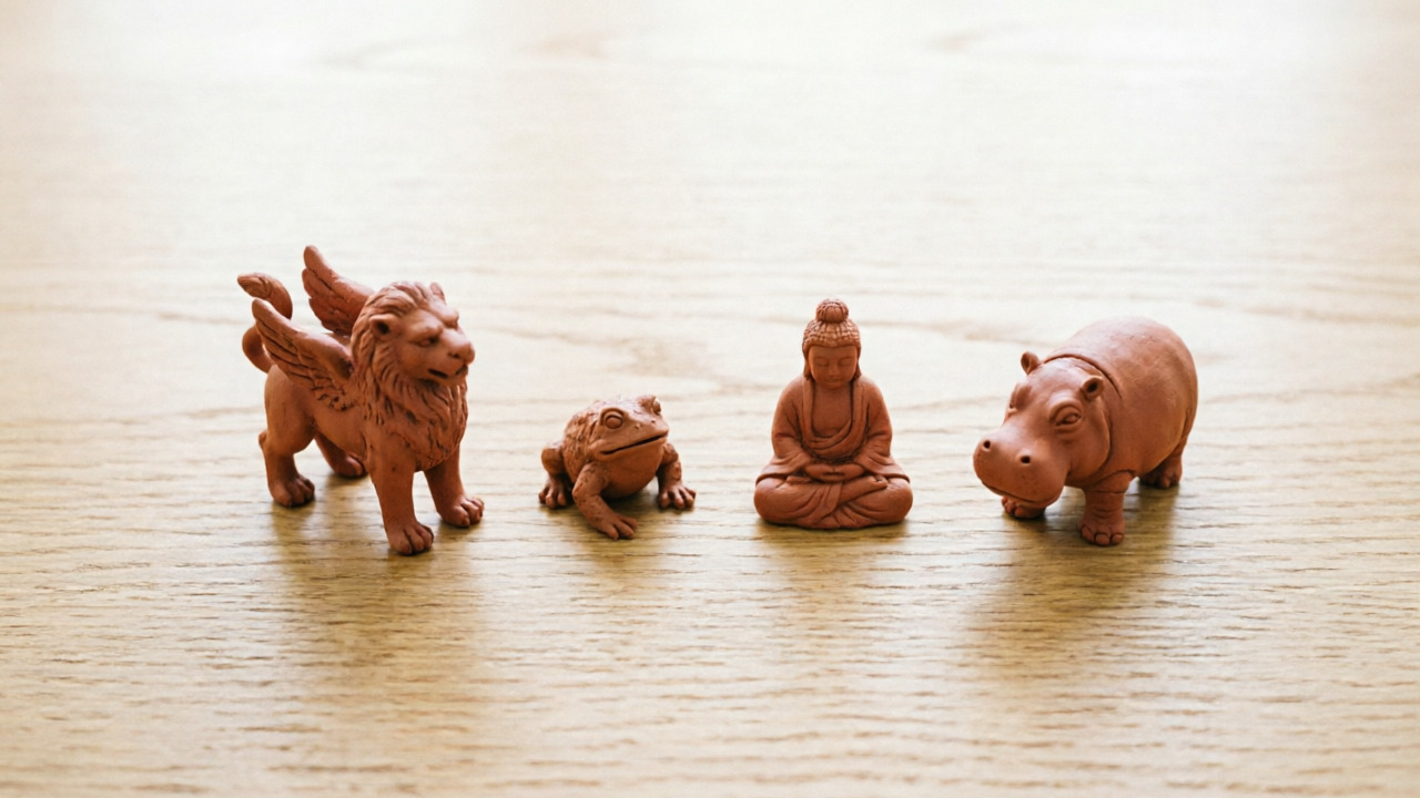 Four tea pet figure categories compared: mythical, animal, Buddha, modern