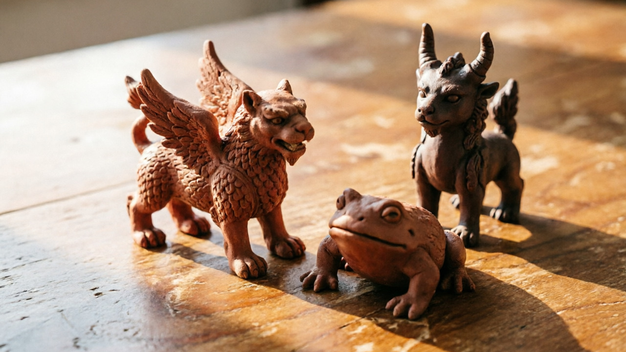 Mythical tea pet figures including Pixiu, golden toad, and dragon