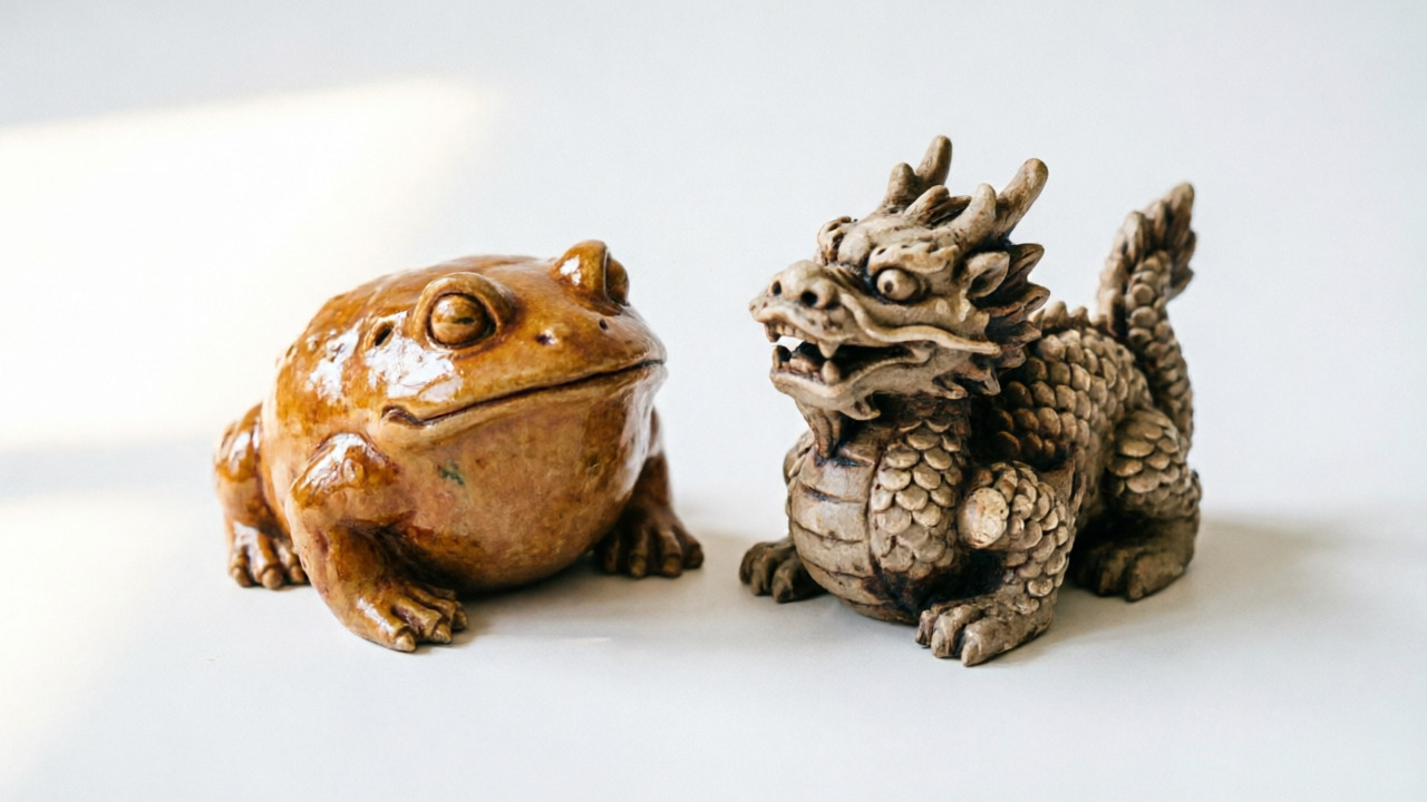 Amber toad and gray dragon tea pet figurines on wood tray