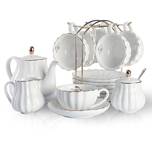 Sweejar Porcelain Tea Sets British Royal Series, 8 OZ Cups & Saucer Service for 6, with Teapot Sugar Bowl Cream Pitcher