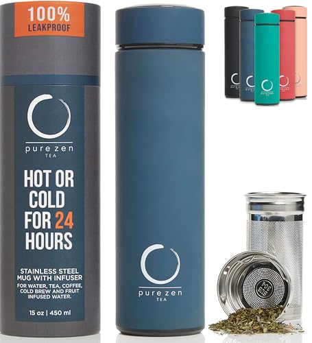 Pure Zen Tea Thermos with Infuser (15oz Stainless Steel)