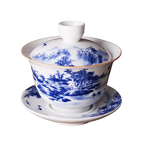 Woonsoon Jingdezhen Chinese Gaiwan Handmade 6.3oz/180ml Mountain Style Blue and White