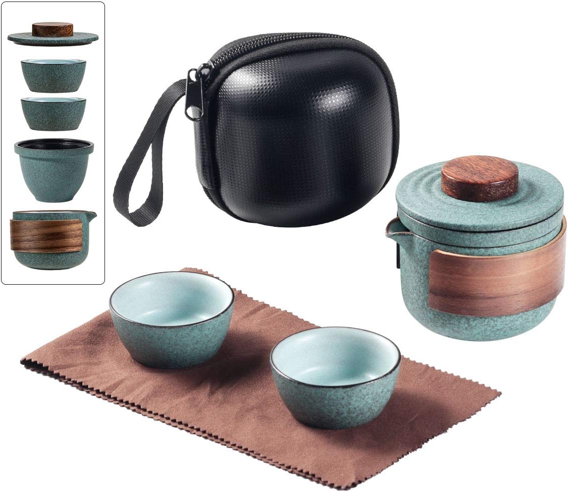 Dltsli Mini Travel Ceramic Tea Pot Set (1 Pot 2 Cups + Portable Bag)