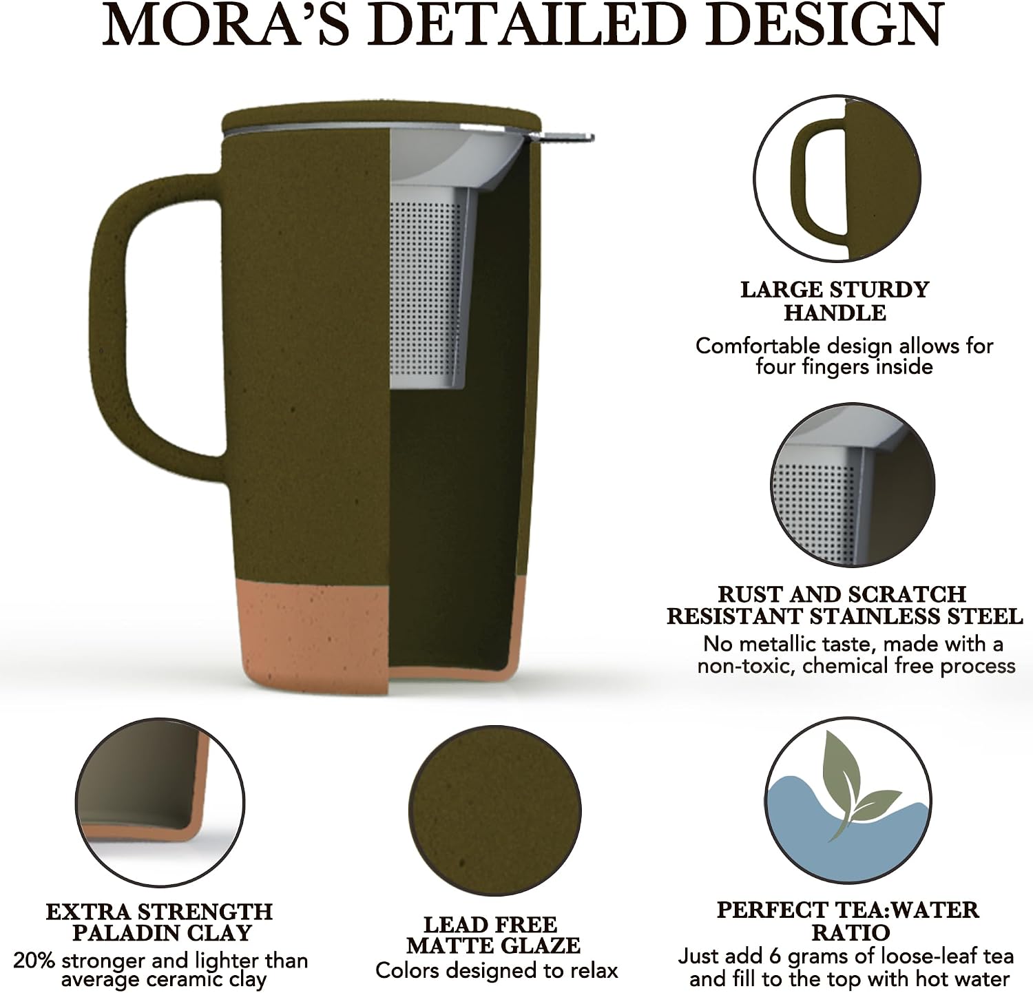 Mora Ceramics Large Tea Mug with Infuser and Lid 18oz