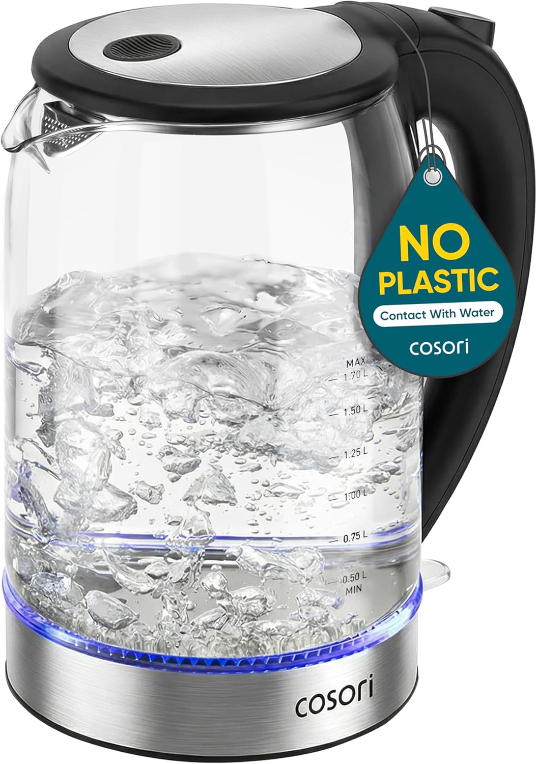 Cosori Electric Kettle, 1.7L Borosilicate Glass, No Plastic Contact