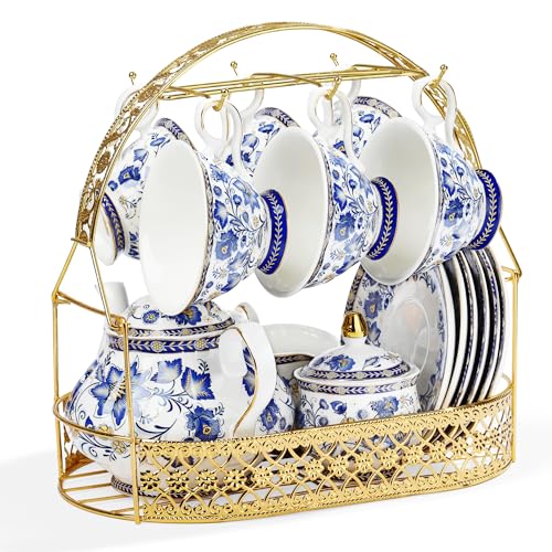 fanquare Porcelain Tea Sets, Blue British Coffee Cups & Saucer Service for 6, with Teapot, Sugar Bowl, Creamer Pitcher and Golden Metal Rack