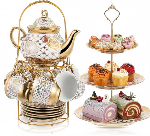Maxcheck 21 Pcs Porcelain Tea Set with Metal Holder and 3 Tier Cake Stand