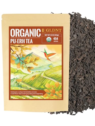 GLDNT Organic Pu-erh Tea, Yunnan Ripe Loose Leaf, Fermented Dark Tea, 16oz