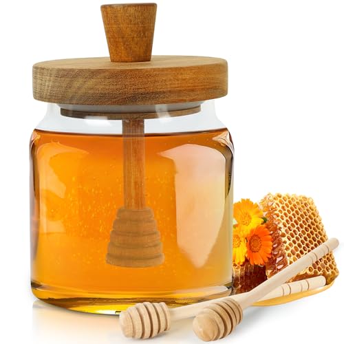 Loscarol Honey Pot with Dipper and Lid — 18oz Glass Honey Jar