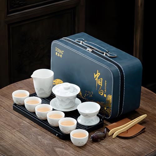 ICHAG 14-Piece Jade Porcelain Gongfu Tea Set with Resin Tray and Tea Pet