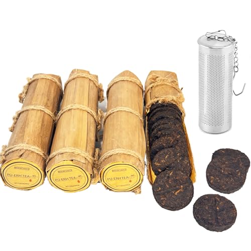 MOORCHOCO Pu-erh Tea in Bamboo Leaf Tube, Ripe Puerh, 600g (60 Mini Cakes)